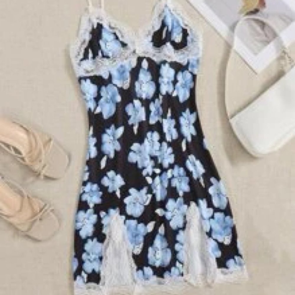 blue rose floral lace mini cami dress